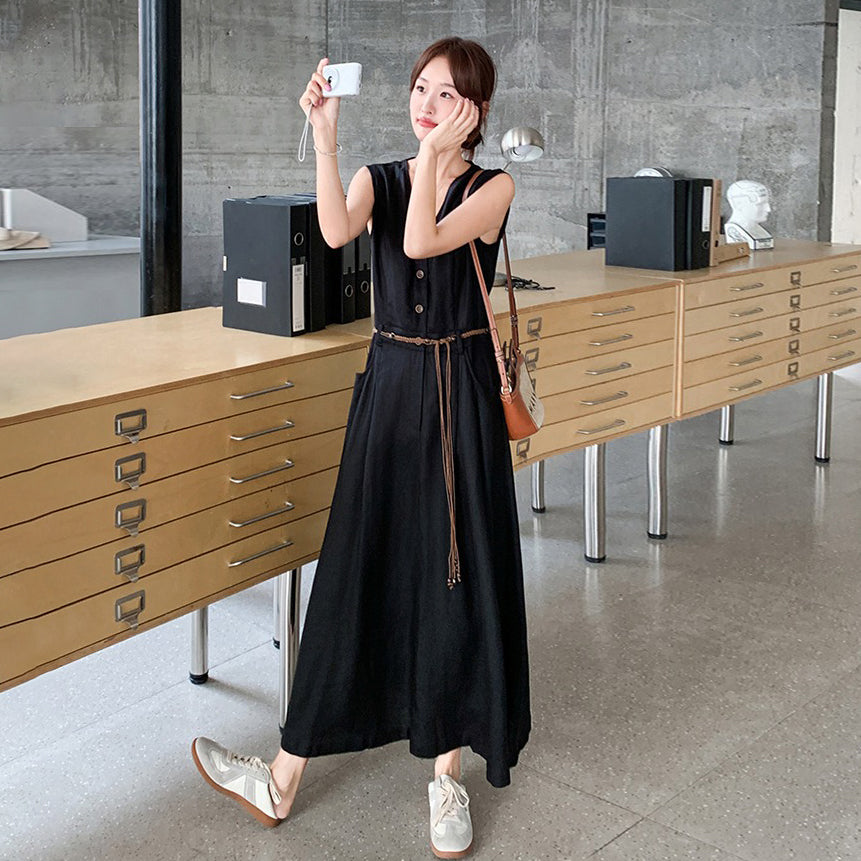 【ワンピース】 上品Vネック ノースリーブワンピース レディース 夏 フレンチ風 大人っぽ 高級感 ウエストマーク細見え ロング丈ドレス【JZシリーズ】