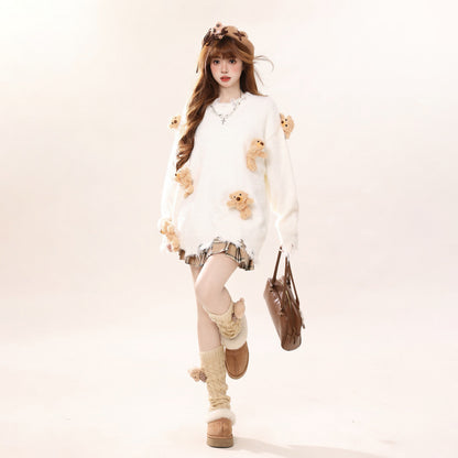 【トップス】ベアドール モチーフ カレッジ風 ニットセーター ユニセックス アメリカンレトロ デザイン カップル向け ニット【FCシリーズ】