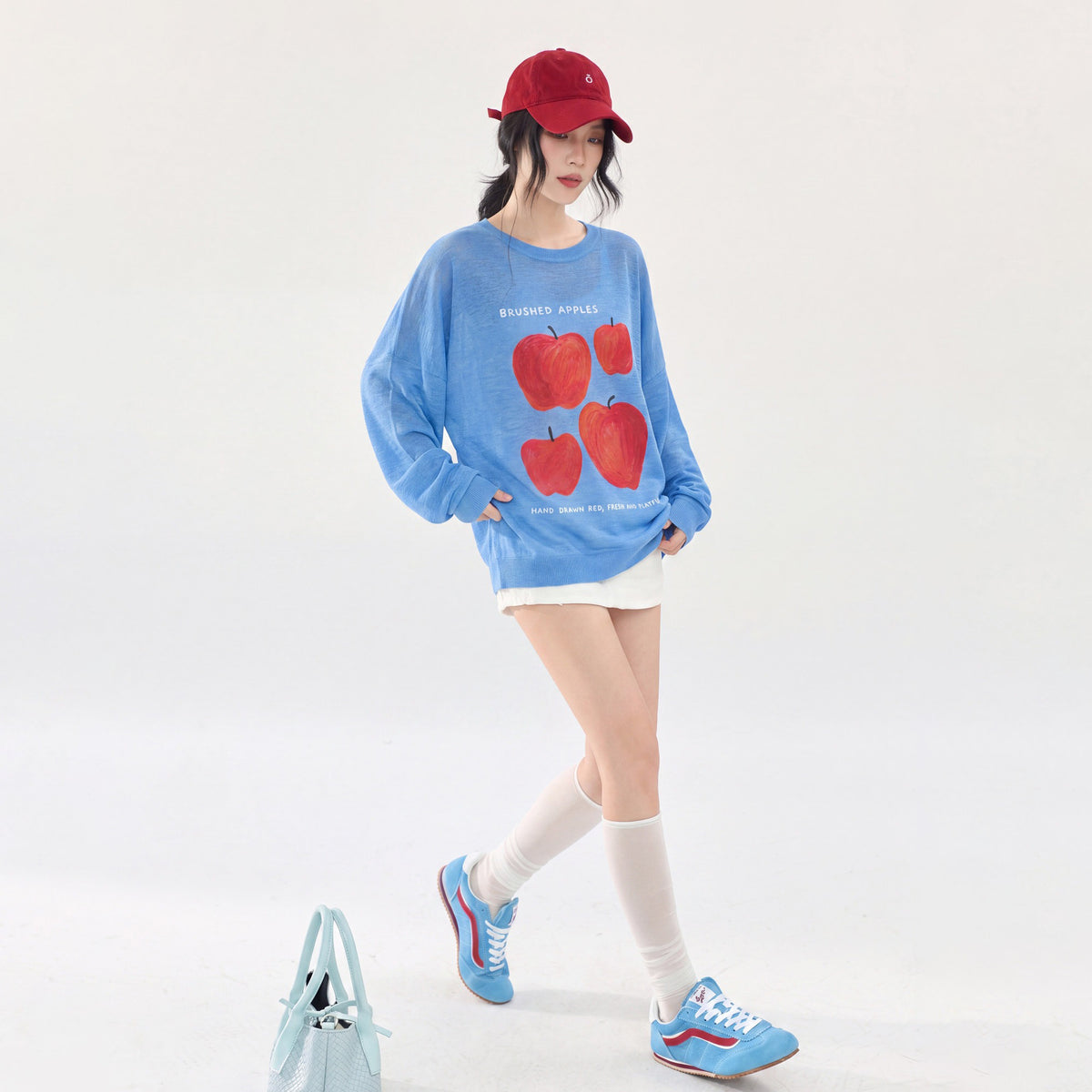 【トップス】🍎ブルーアップル柄ニットトップス レディース 秋新作 長袖 薄手 ゆったり 韓国風 Tシャツ【FCシリーズ】