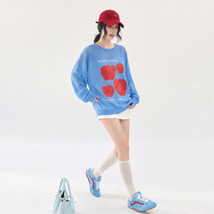 【トップス】🍎ブルーアップル柄ニットトップス レディース 秋新作 長袖 薄手 ゆったり 韓国風 Tシャツ【FCシリーズ】