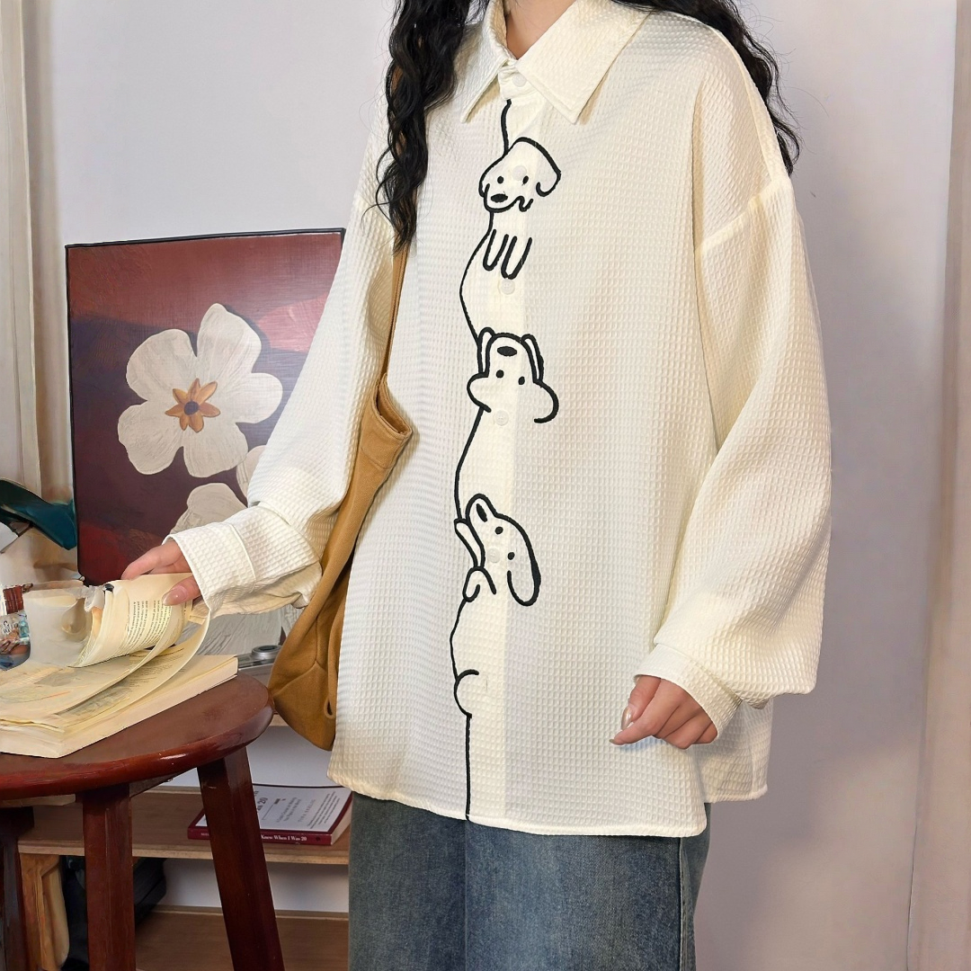 【🐶木登りわんちゃん】【トップス】 刺繍 ワッフル生地 男女兼用 長袖 シャツ 【FCシリーズ】