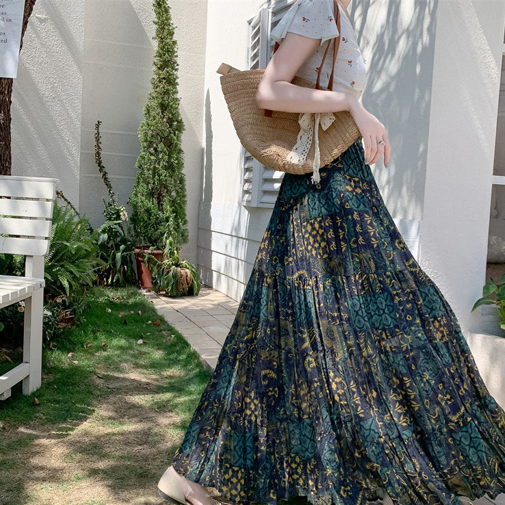 【ボトムス】ボヘミアン風 シフォンプリーツスカート レディース 夏 Aライン 体型カバー 旅行・リゾートにも最適【SHシリーズ】