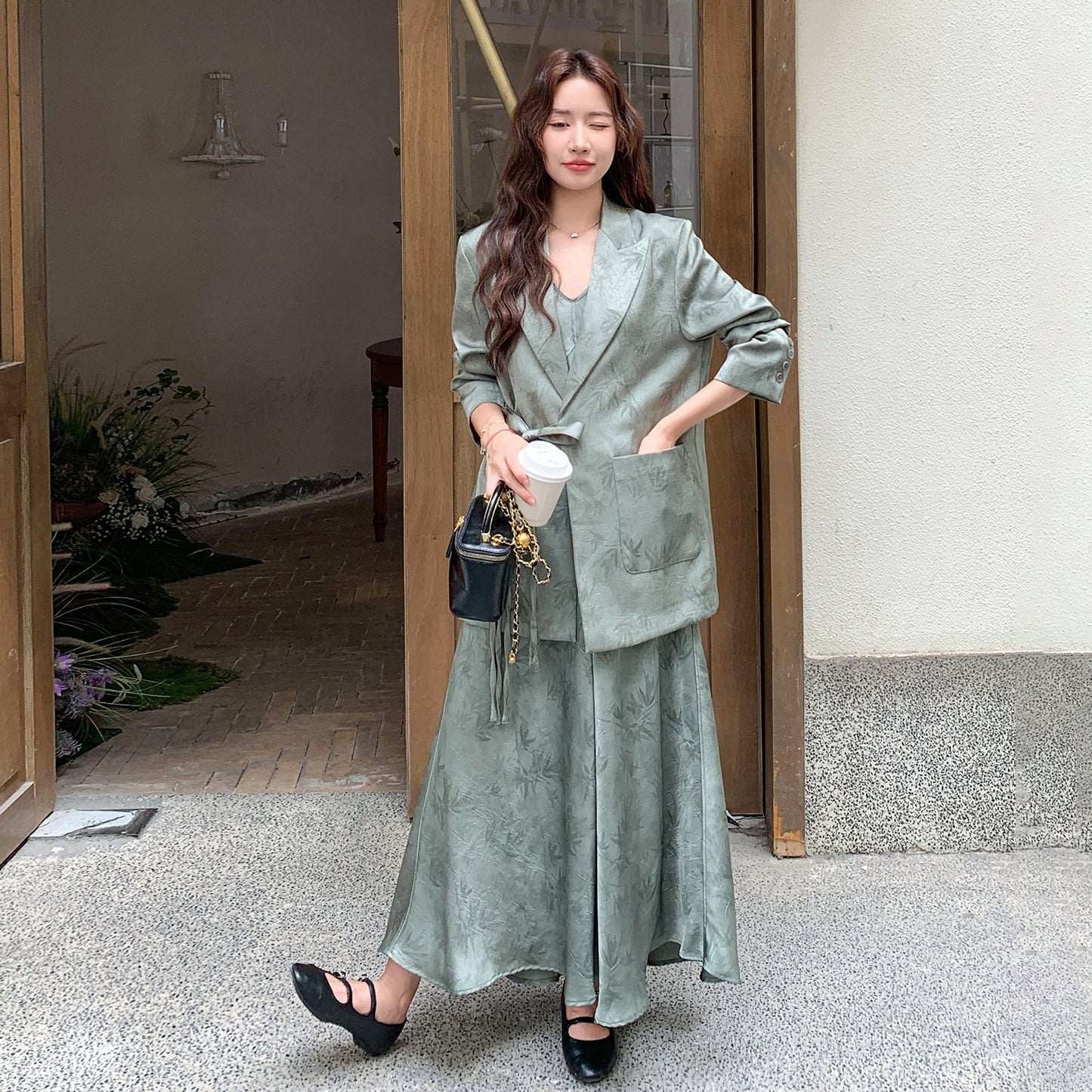 2点セット！【セットアップ】中国風 竹柄  レディース 秋新作 ジャケット＋キャミワンピース【SHシリーズ】