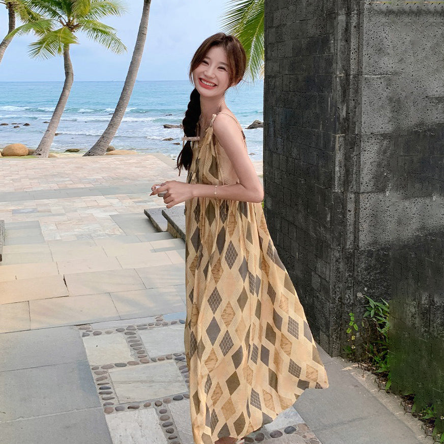 【ワンピース】夏  ビーチリゾート風  ダイヤモンドチェック ノースリーブキャミソールワンピース【SHシリーズ】