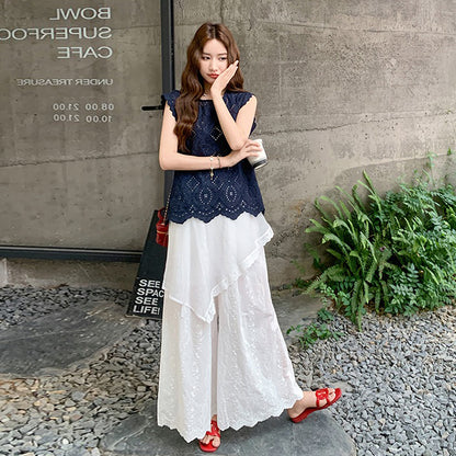 2点セット!【セットアップ】個性的で華やかな刺繍入りノースリーブトップス＋ワイドパンツ 上下セット 取り外し可能なバックフラップ付き【JZシリーズ】