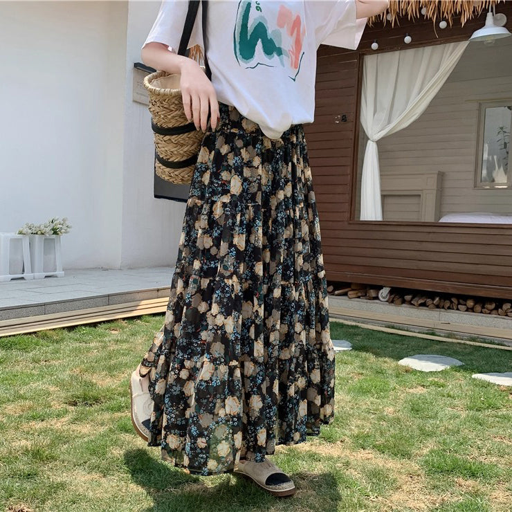 【ボトムス】花柄 スカート 新作 流行 レディース ハイウエスト Aライン フレア シフォンスカート【SHシリーズ】