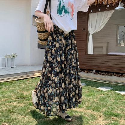 【ボトムス】花柄 スカート 新作 流行 レディース ハイウエスト Aライン フレア シフォンスカート【SHシリーズ】