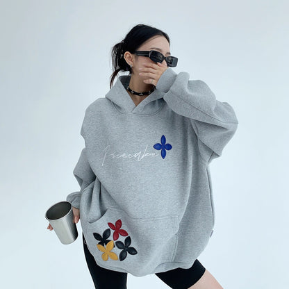 【トップス】💖カップルでも着られる！ワイドフーディ 裏起毛 重工パッチ＆刺繍 レディース 冬新作【FCシリーズ】