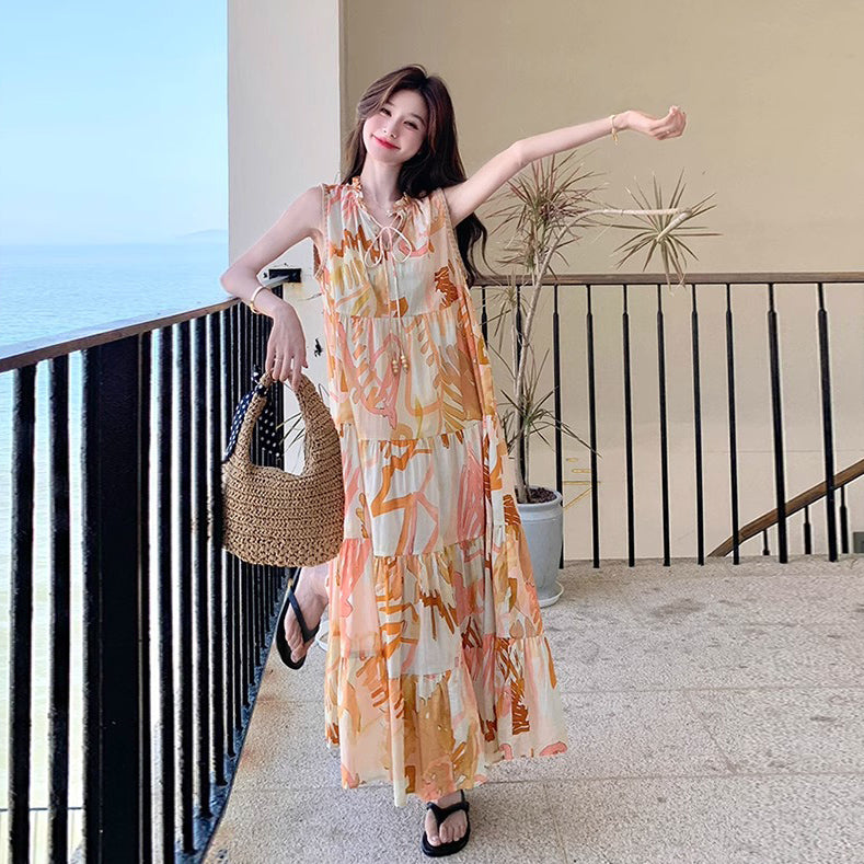 【ワンピース】高級感あふれるロマンティックリゾート風 シフォン花柄ノースリーブワンピース【SHシリーズ】