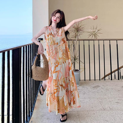 【ワンピース】高級感あふれるロマンティックリゾート風 シフォン花柄ノースリーブワンピース【SHシリーズ】