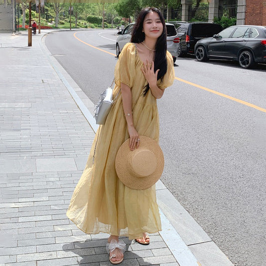 【ワンピース】イエロー ロングワンピース 夏 ゆったり バックシャン リボンデザイン 体型カバー リゾートドレス【JZシリーズ】