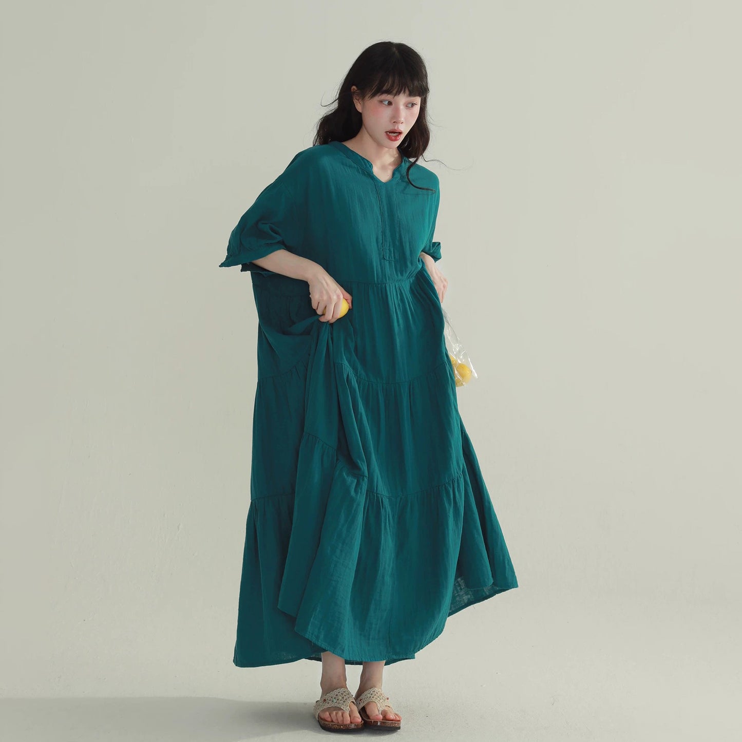 4color【ワンピース】ヴィンテージ風 ティアードワンピース レディース Vネック ロング丈 フェミニン 上品 半袖ワンピース【JZシリーズ】