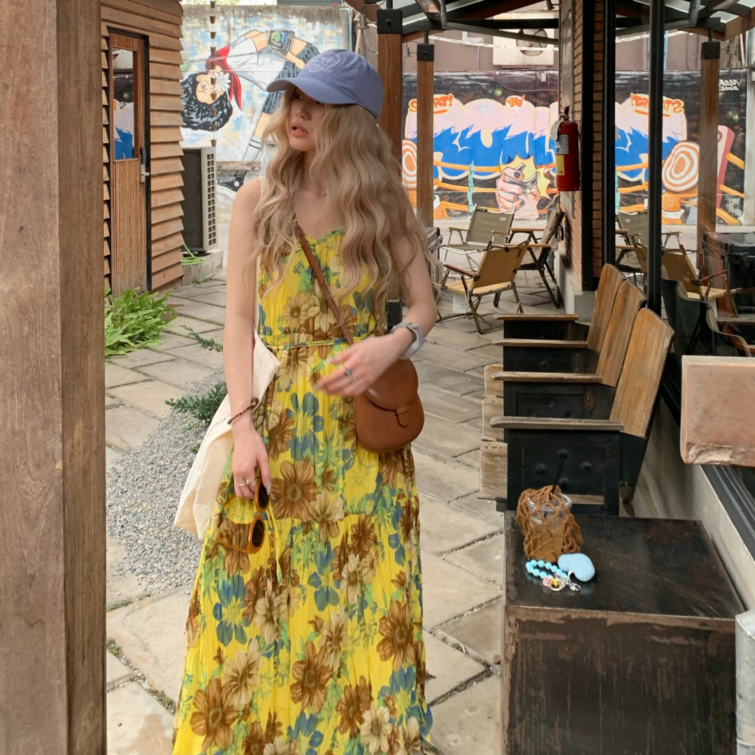 【ワンピース】リゾート風 花柄  キャミソール ティーブレイク風 ノースリーブ ロング ワンピース 【SHシリーズ】