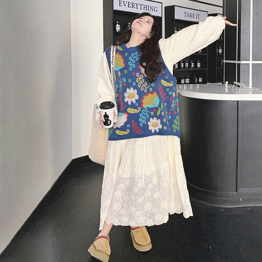 2点セット！【セットアップ】ニットベスト+ワンピース セット レディース 春秋 大人気 レースジャカード ロングワンピース【SHシリーズ】