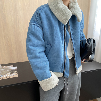 【アウター】秋冬用 高級感 フェイクボア デニムジャケット レディース ビッグカラー 綿入れコート【SNシリーズ】