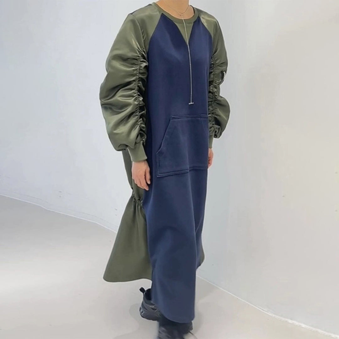 【24AW】【ワンピース】chic レトロ 配色 切り替えしシャーリング 長袖ワンピース