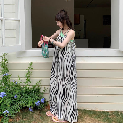 【ボトムス】ゆったりカジュアル 夏用 水波模様 ルーズ感たっぷり オーバーサイズキャミサロペット 【SHシリーズ】