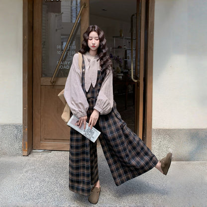 【セットアップ】カジュアル ゆったり 着痩せ チェック ワイド シャツ+サロペットパンツ 2点セット【JZシリーズ】