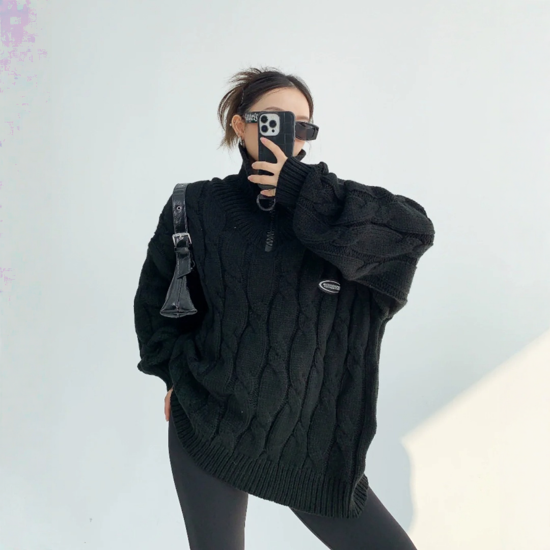 【トップス】ルーズ ファスナー付き  立襟 春 秋 冬 プルオーバー ニット セーター 【FCシリーズ】