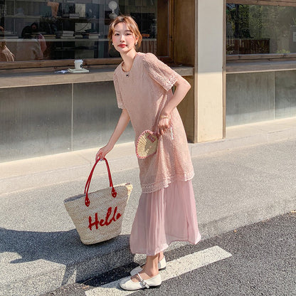 【ワンピース】レース 透かし編み 切り替え ドッキング風 半袖ワンピース レディース 夏新作 甘め上品 ロング丈ドレス【JZシリーズ】