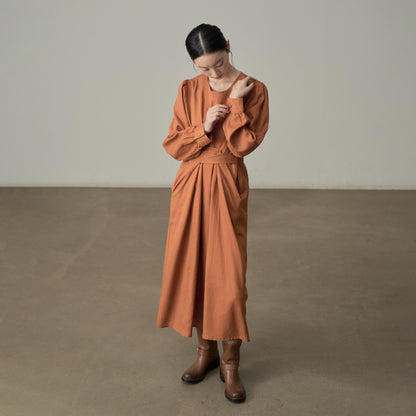 【ワンピース】フレンチレトロ風 オレンジリボン長袖ワンピース レディース ウエストシェイプ ロング丈【JZシリーズ】