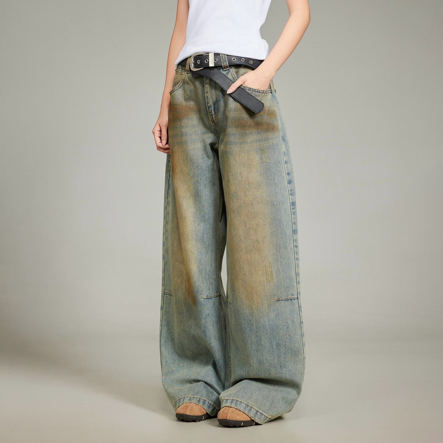 【ボトムス】ウォッシュ加工 ペイントデザイン ストレート デニムパンツ 男女兼用 アメリカンヴィンテージ【FCシリーズ】