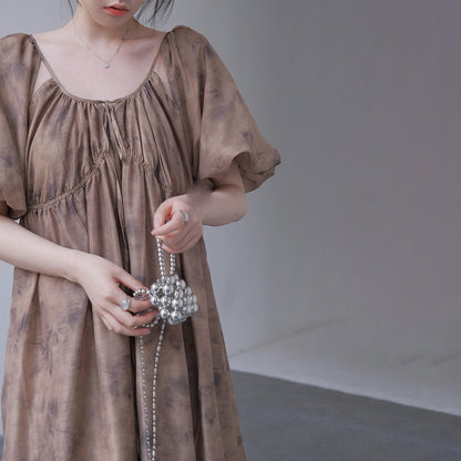 【ワンピース】新中式 禅スタイル 枯色染め アート感漂う 半袖ワンピース【SHシリーズ】