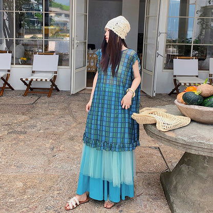 2点セット！【セットアップ】配色チェック柄ベストワンピース＋ワイドパンツセットアップ 2点セット【SHシリーズ】