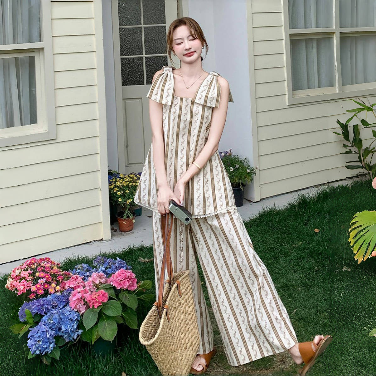 2点セット！【セットアップ】ストライプ柄キャミソール＋ワイドパンツ 上下 セットアップ 夏 フレンチリゾート風【SHシリーズ】