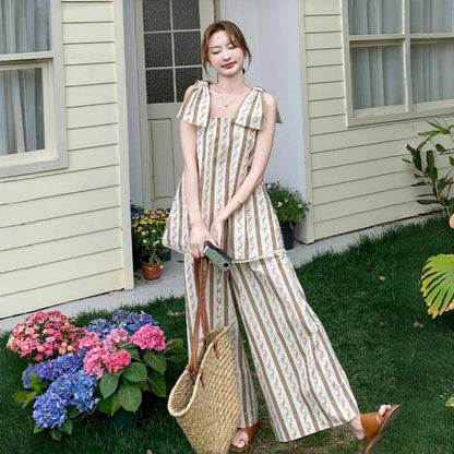 2点セット！【セットアップ】ストライプ柄キャミソール＋ワイドパンツ 上下 セットアップ 夏 フレンチリゾート風【SHシリーズ】
