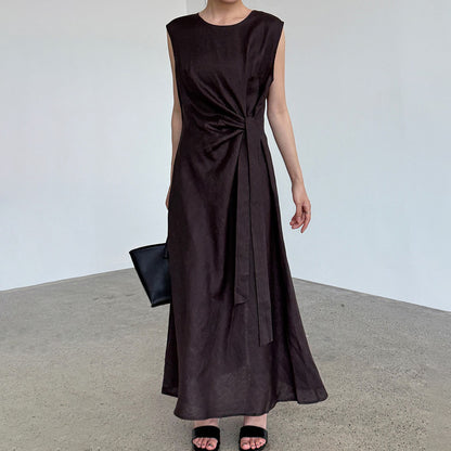 【ワンピース】100%ラミー フレンチエレガンス ノースリーブワンピース  夏 スリム効果【JZシリーズ】