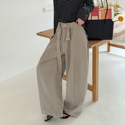 【ボトムス】ベルト付き ハイウエスト 美脚パンツ レディース 春新作 脚長デニム ゆったり カジュアル ジーンズ【JZシリーズ】