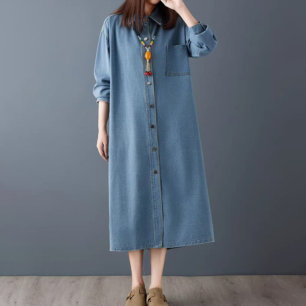 【ワンピース】春新作 シンプル レトロ 長袖 シャツワンピース ストレートシルエット 細見え ロング丈 デニムワンピース レディース【JZシリーズ】