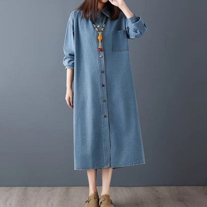 【ワンピース】春新作 シンプル レトロ 長袖 シャツワンピース ストレートシルエット 細見え ロング丈 デニムワンピース レディース【JZシリーズ】
