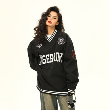 【トップス】春秋 美式ヴィンテージVネックパーカー 男女兼用 刺繍ロゴ入りカジュアルスウェットシャツ【FCシリーズ】