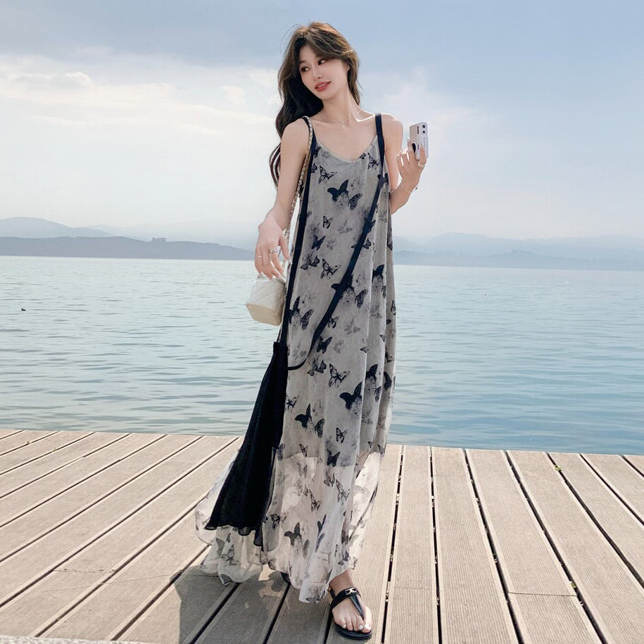 【ワンピース】バタフライプリント 夏新作 韓国風 リゾートムード ノースリーブキャミワンピース【SHシリーズ】