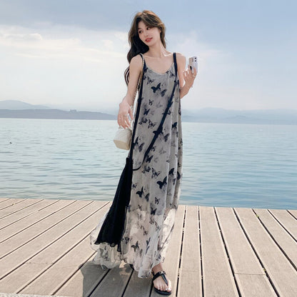 【ワンピース】バタフライプリント 夏新作 韓国風 リゾートムード ノースリーブキャミワンピース【SHシリーズ】