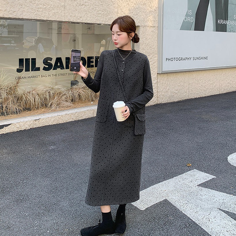 2点セット！【セットアップ】韓国風 ドット柄ウールベストワンピース＋インナートップス セット【JZシリーズ】