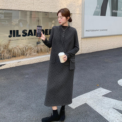 2点セット！【セットアップ】韓国風 ドット柄ウールベストワンピース＋インナートップス セット【JZシリーズ】