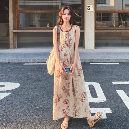 【ワンピース】刺繍 ワンピース 夏 ノースリーブ ロング 花柄プリント フレンチ風 リゾート 上品 体型カバー 人気【SHシリーズ】