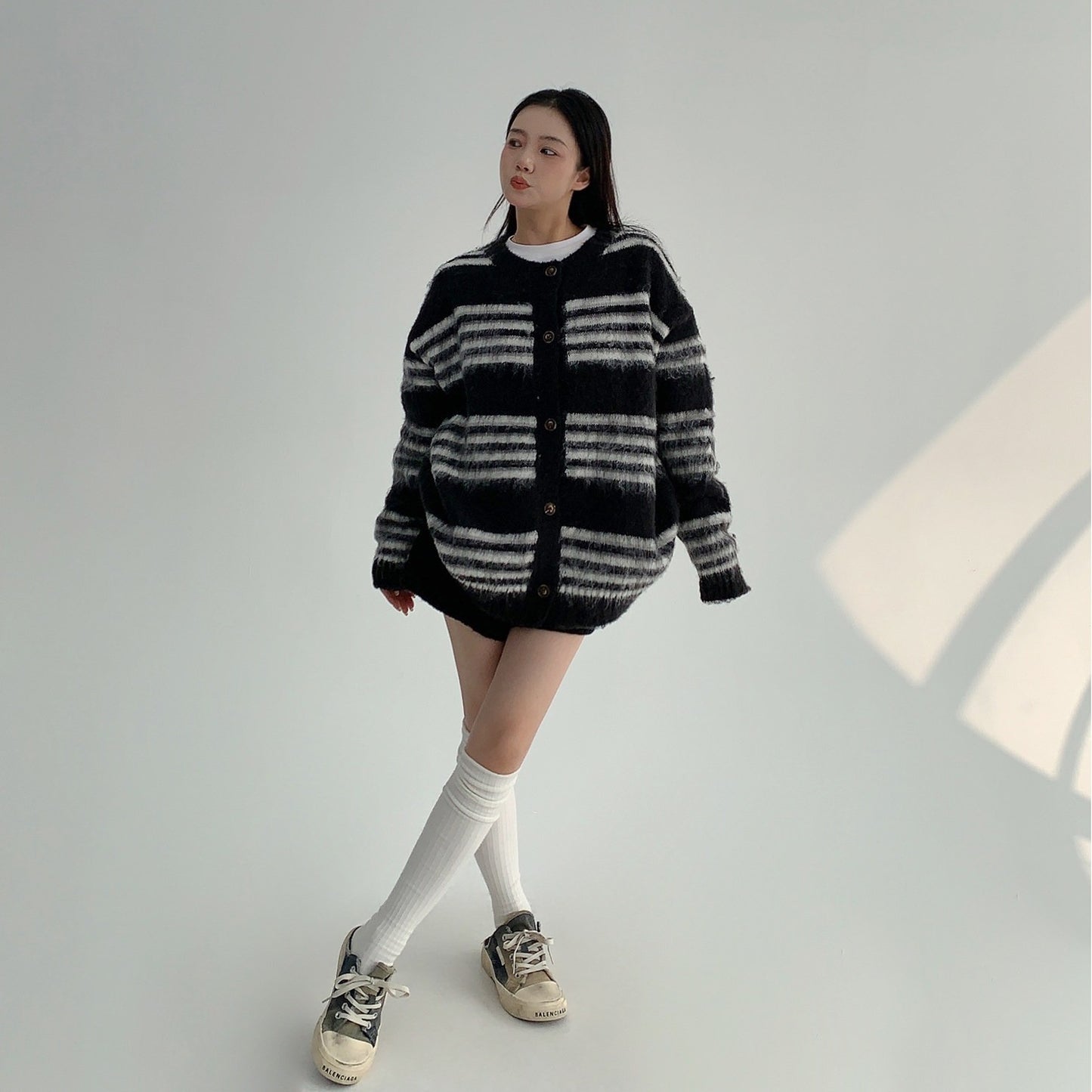 【トップス】クルーネック ボーダー リラックス感  ボタン付き セーター 【FCシリーズ】