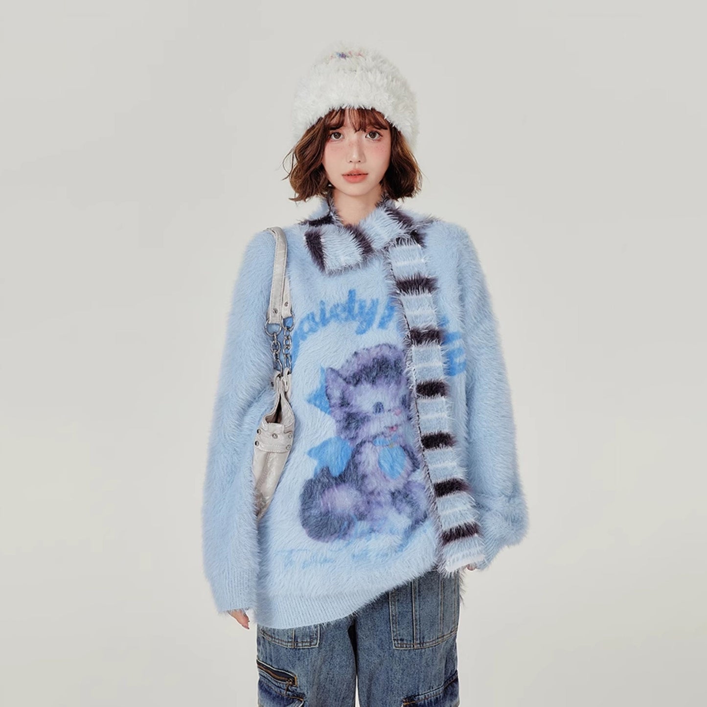 マフラー付き【トップス】猫柄 ニット セーター レディース 秋冬 ゆったり ふわふわ あったか セーター【FCシリーズ】