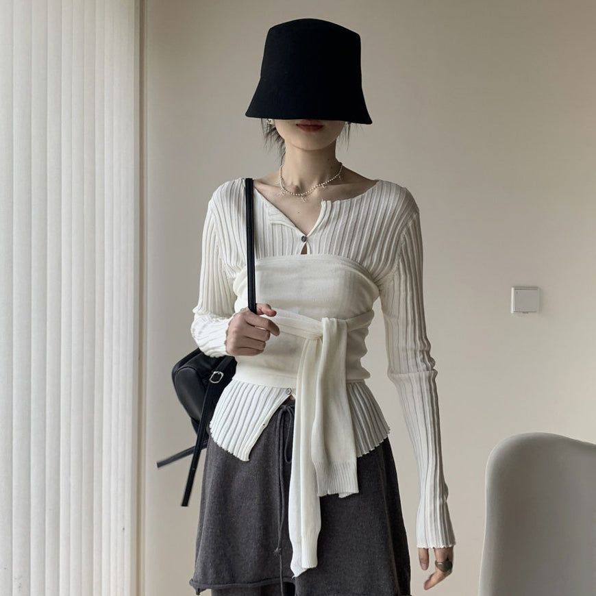 【トップス】 シンプル ストライプ スリムフィット 軽薄 ニットトップス + リボン付きベアトップ 重ね着風 2点セット【JZシリーズ】