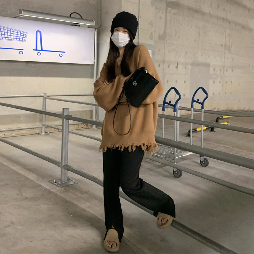 【トップス】ふんわり柔らか♪ 韓国風 ルーズ ニットセーター レディース 秋冬 ゆったりVネック プルオーバー【JZシリーズ】