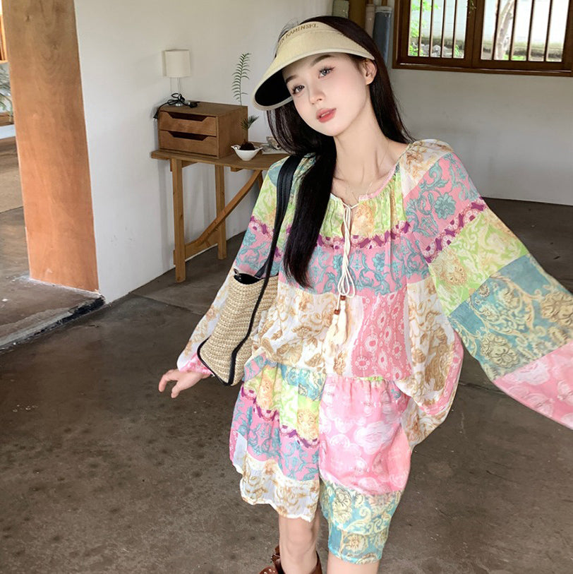 2点セット！【セットアップ】旅行・バカンス風 ドーパミンコーデ UVカット 上下セット 長袖シャツ＋ハイウエストショートパンツ【SHシリーズ】