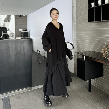 【ワンピース】細見え 日系 Vネック 無地 長袖ワンピース 切替デザイン ゆったり 気質ロング【JZシリーズ】【AHシリーズ】