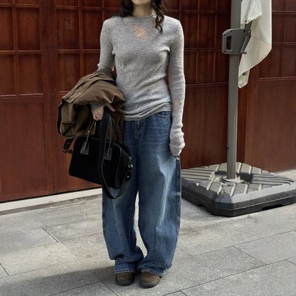 【トップス】ダメージ加工 クルーネック 透かし編み ウール 長袖 Ｔシャツ 【JZシリーズ】