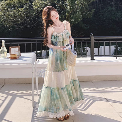 【ワンピース】フレンチヴィンテージ 森系 ビーチリゾートワンピース 油絵風 ノースリーブキャミワンピース【SHシリーズ】