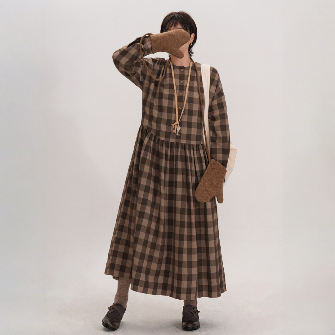 【ワンピース】春 秋 冬  チェック柄 ゆるリラックス ラウンドネック【JZシリーズ】