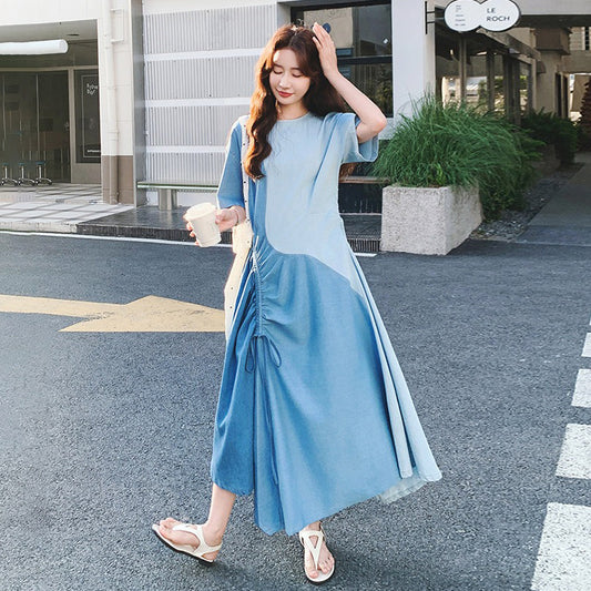 【ワンピース】フレンチ風 配色切替 半袖ワンピース レディース  不規則ヘム ロング丈 ゆったりシルエット 体型カバー【JZシリーズ】